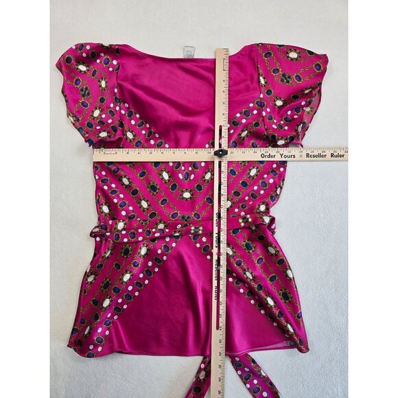 Vintage Y2K Cache Womens Pink Satin Belted Cowl Neck Top M Flutter Sleeves - Picture 3 of 3